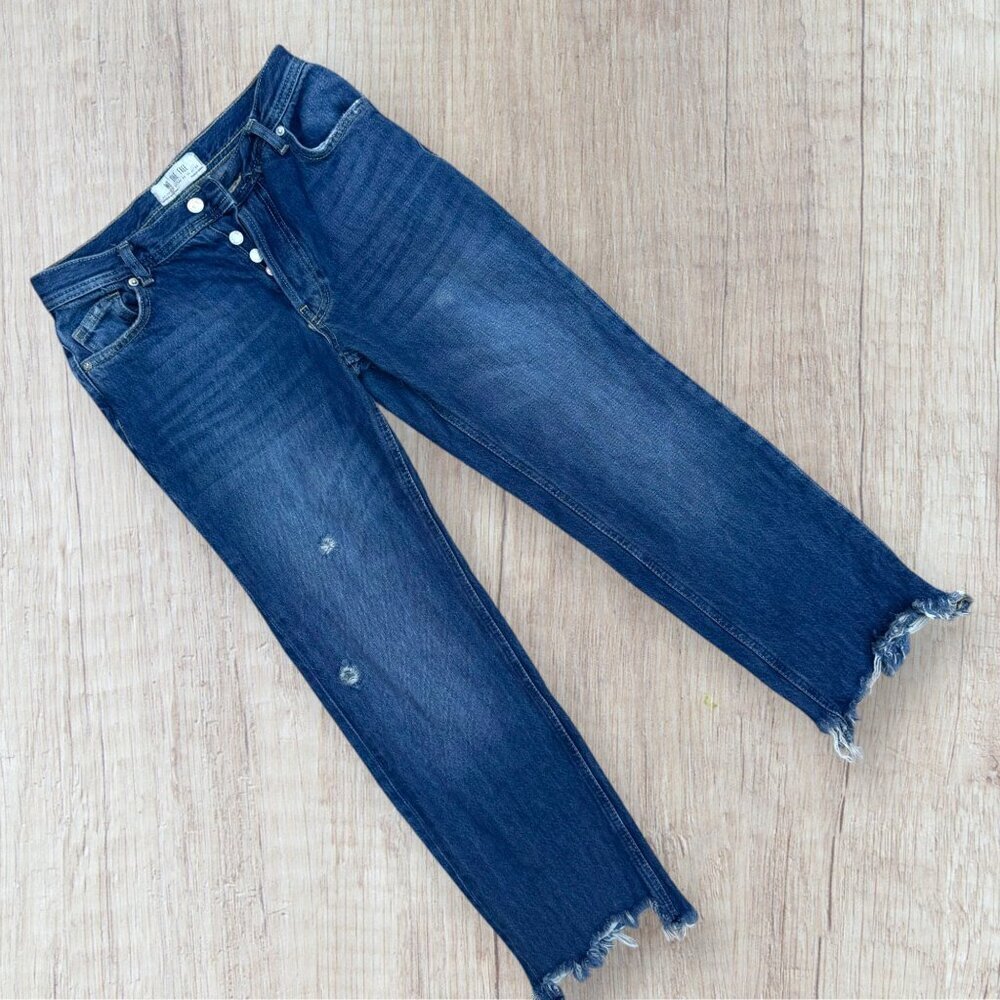 WE THE FREE Maggie Mid Rise Button Fly Straight Leg Frayed Hem Denim Jeans 26 /4